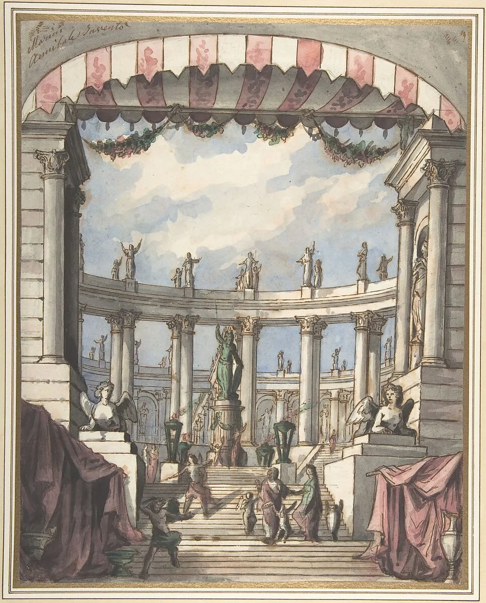 Design for a Stage Set: A Classical Courtyard and Colonnade with a Statue of Minerva — Leonardo Marini