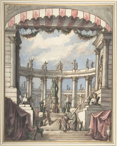 Design for a Stage Set: A Classical Courtyard and Colonnade with a Statue of Minerva
