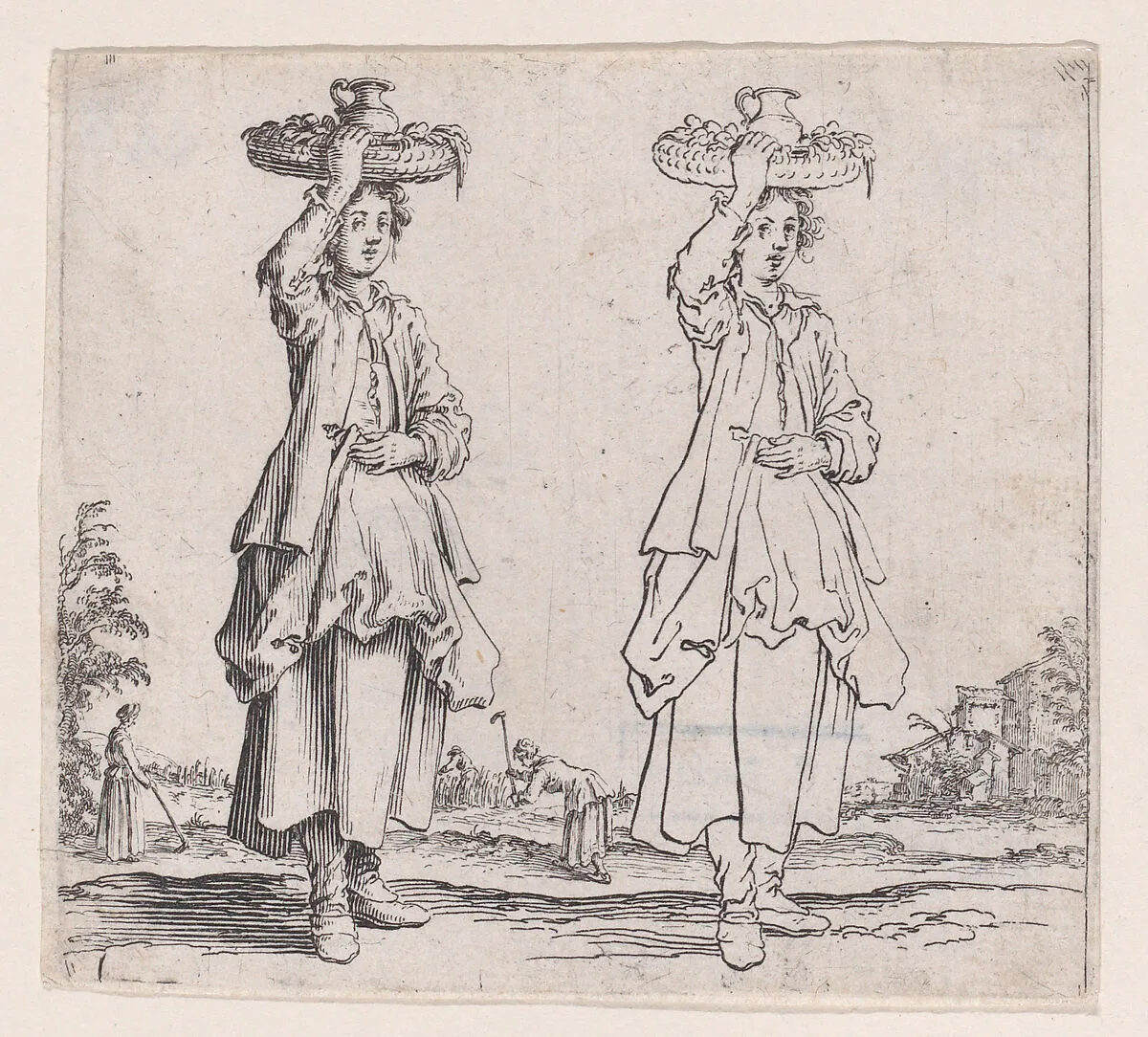 La Paysanne Vue de Face, Tenant un Panier sur sa Tête (The Peasant Woman Viewed from the Front with a Basket on her Head), from Varie Figure (Various Figures) — Jacques Callot