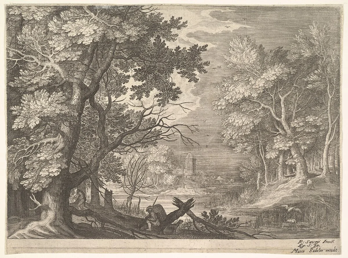 Woodland scene with marshy banks, two men and a dog in profile at left, two-long-necked birds at right, from the series 'Six landscapes in Tyrol' after Roelandt Savery — Aegidius Sadeler II|Marcus Sadeler|Roelandt Savery