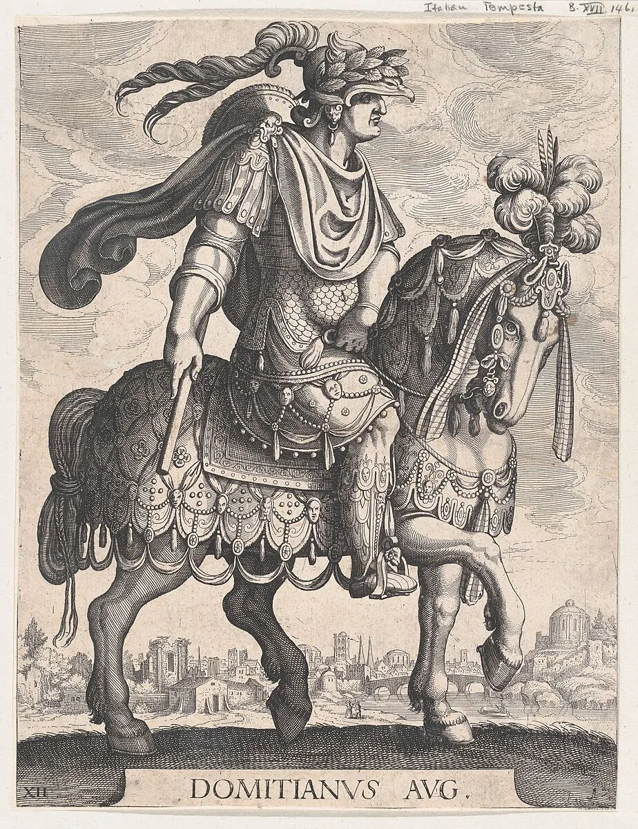 Plate 12: Emperor Domitian on horseback, from 'The First Twelve Roman Caesars' after Tempesta — Antonio Tempesta|Matthäus Merian the Elder
