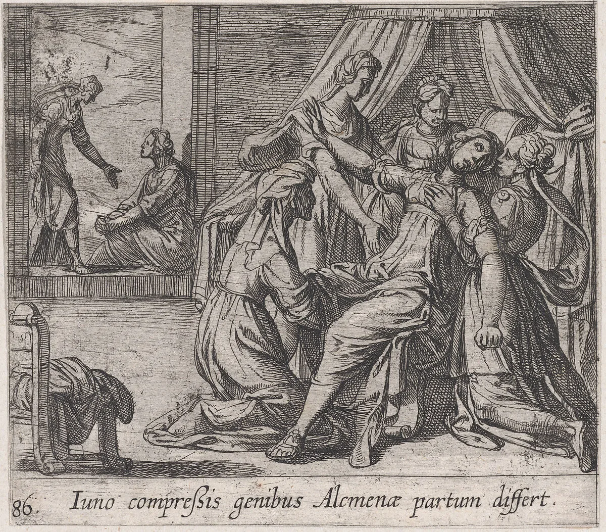 Plate 86: The Birth of Hercules (Iuno compreßis genibus Alcumenae partum differt), from Ovid's 'Metamorphoses' — Antonio Tempesta