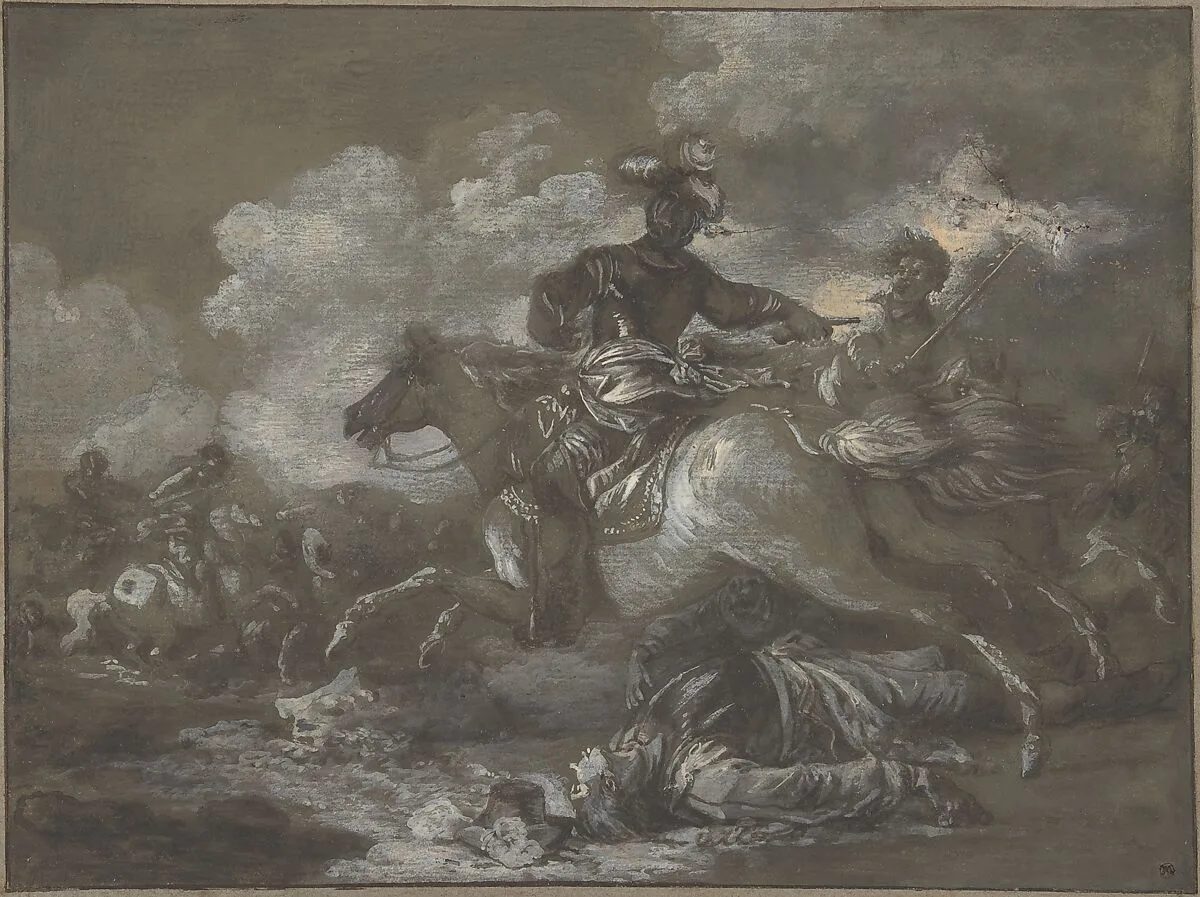 Cavalry Skirmish with a Fallen Soldier at Right — Francesco Casanova