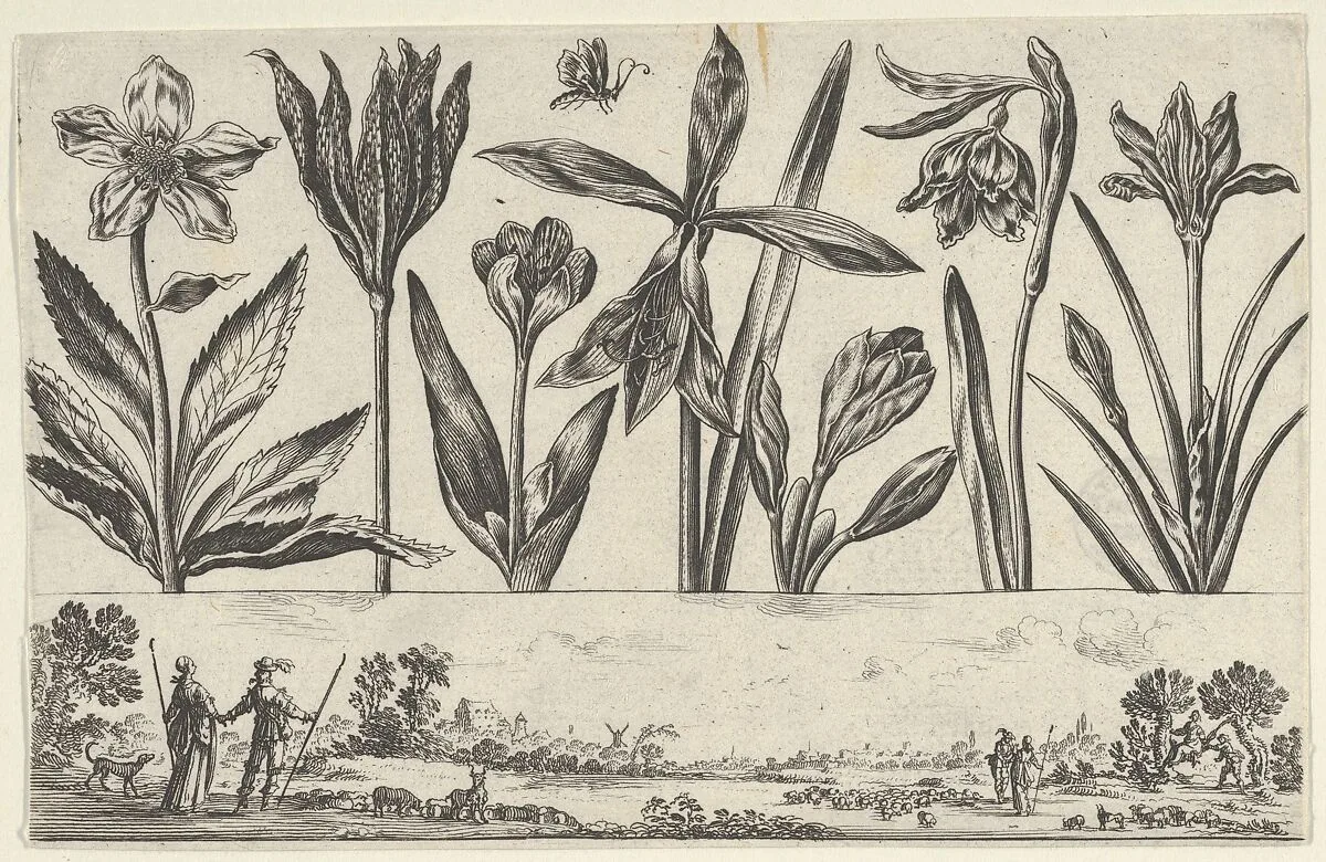 Horizontal Panel with a Row of Flowers Above a Frieze with Figures in a Landscape, from Livre Nouveau de Fleurs Tres-Util — Nicolas Cochin|Balthazar Moncornet
