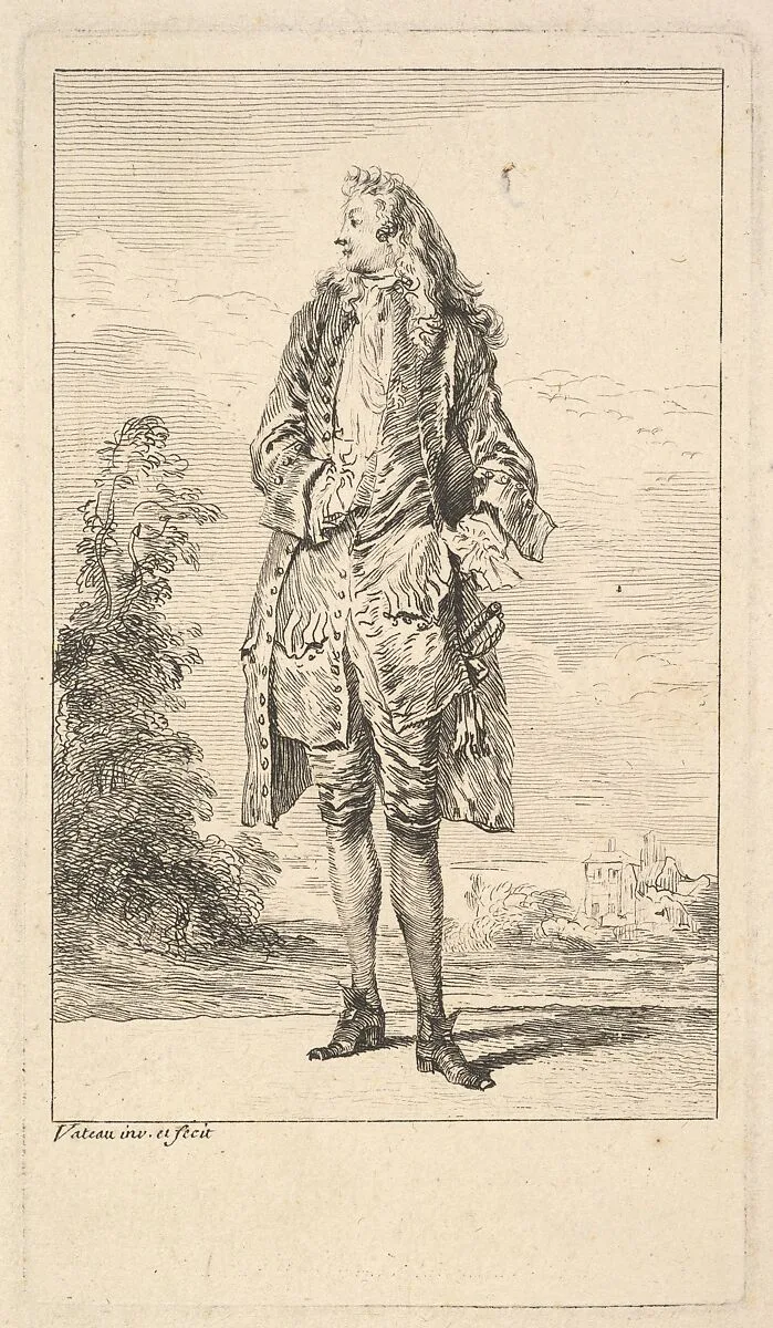 Standing man with right hand tucked into his waistcoat, shown in frontal view with his head turned toward the left, from "Figures of Fashion" (Figures de Modes) — Antoine Watteau|Julius Model