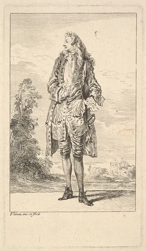 Standing man with right hand tucked into his waistcoat, shown in frontal view with his head turned toward the left, from "Figures of Fashion" (Figures de Modes)