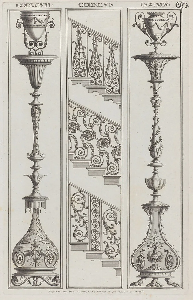 Candelabra Designs and Stair Railing Designs, nos. CCCXCV–CCCXCVII and 398–400, plate 60 from "Designs for Various Ornaments" — Michelangelo Pergolesi
