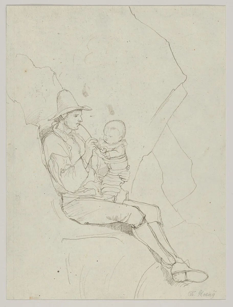 A Seated Italian Shepherd with a Small Child on his lap; verso: A Southern Landscape with a Woman Carrying a Jar on her Head — Franz Theobald Horny