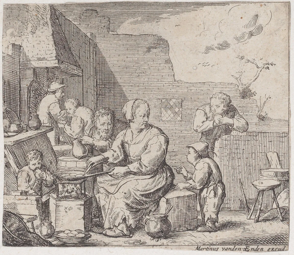 Peasant woman, seated, and cooking, with three children and a man around her — Jacques Dassonville|Martinus van den Enden