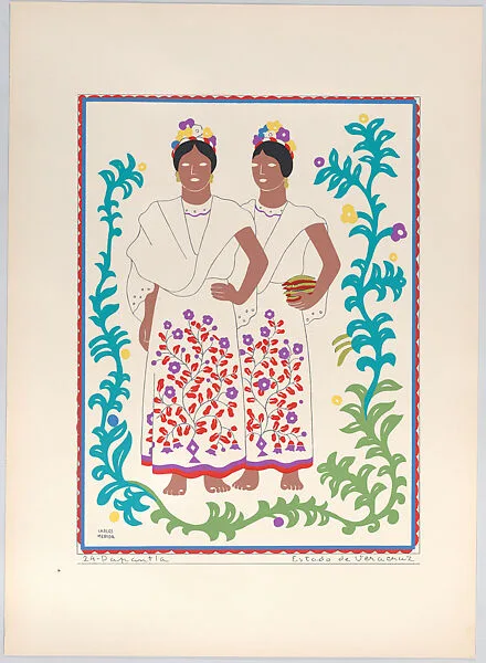 Plate 24: two young women from Papantla in the state of Veracruz, from 'Trajes regionales mexicanos' (regional Mexican dress) — Editorial Atlante|Carlos Mérida
