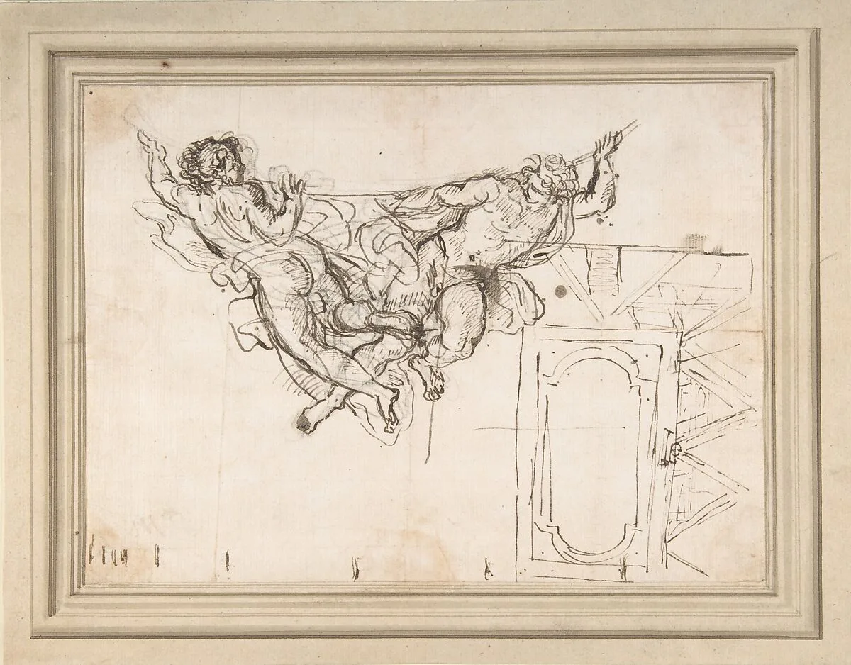 Study for Nude Male Figures Supporting a Frame and Plan of the Ceiling Decoration of Palazzo Altieri, Rome — Carlo Maratti