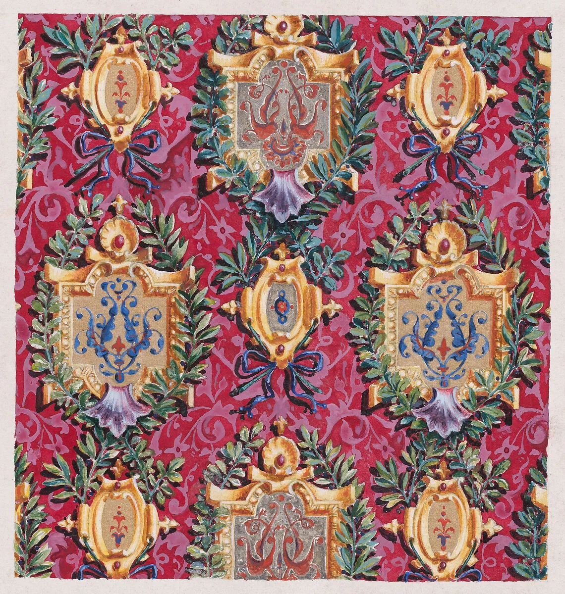 Design for Wallpaper with Alternating Vertical Rows of Pairs of Ornamental Frames of Two Sizes Framed by Interlacing Garlands of Laurel Leaves Tied by a Bow — Anonymous, French, 19th century