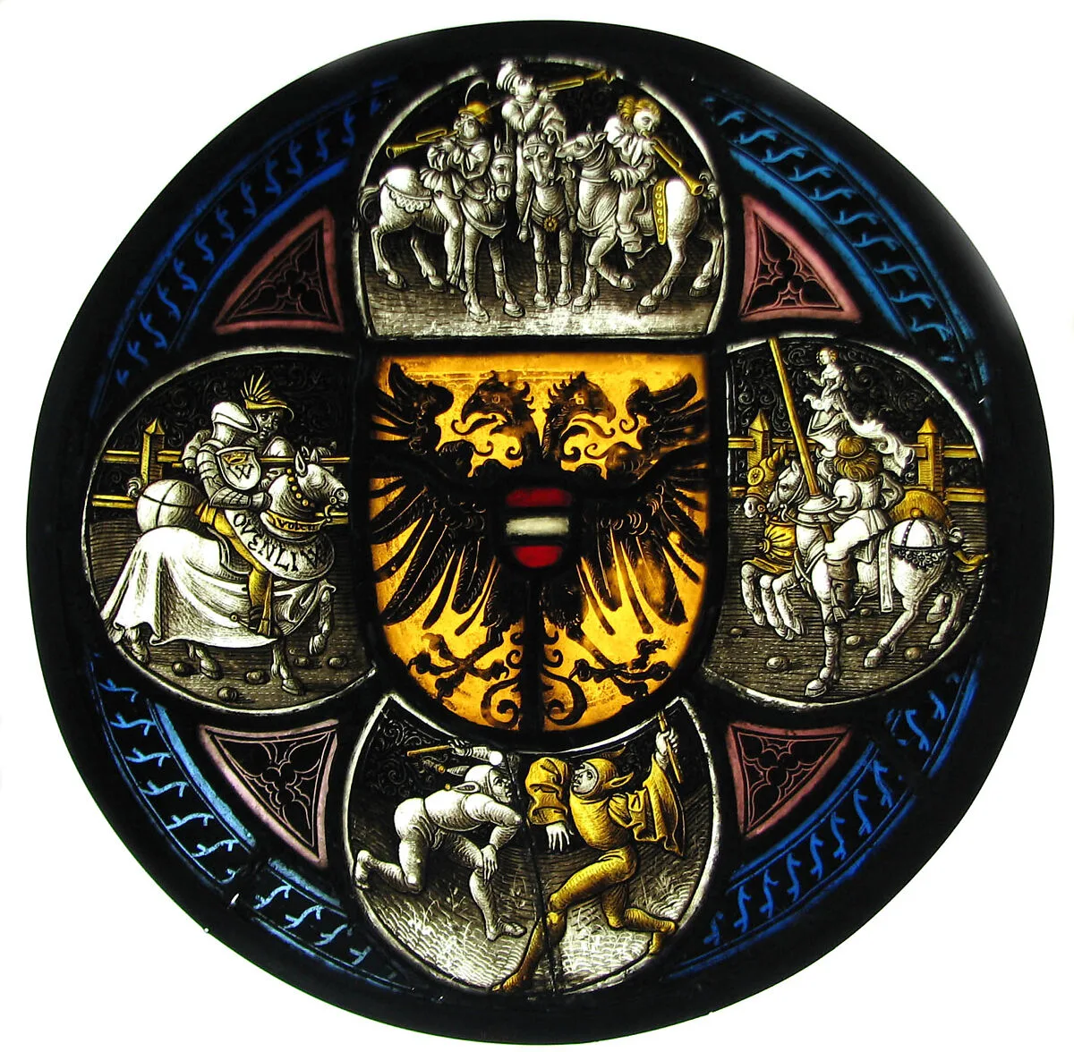Quatrefoil Roundel with Arms and Secular Scenes — Unknown