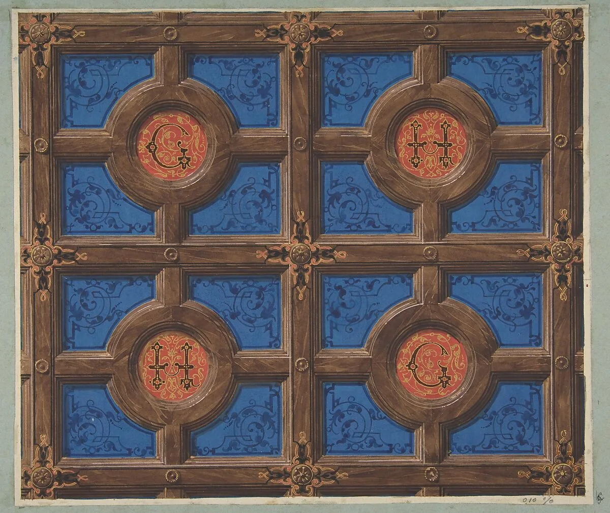 Design for the painted decoration of a coffered ceiling incorporating initials (G and H) for a house on the rue de Clichy — Jules-Edmond-Charles Lachaise|Eugène-Pierre Gourdet