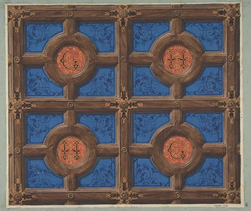 Design for the painted decoration of a coffered ceiling incorporating initials (G and H) for a house on the rue de Clichy
