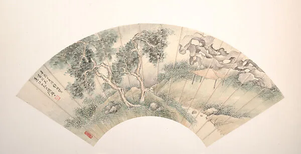 清/現代 顧麟士 溪亭圖 摺扇|Pavilion beside a rock garden and stream — Gu Linshi