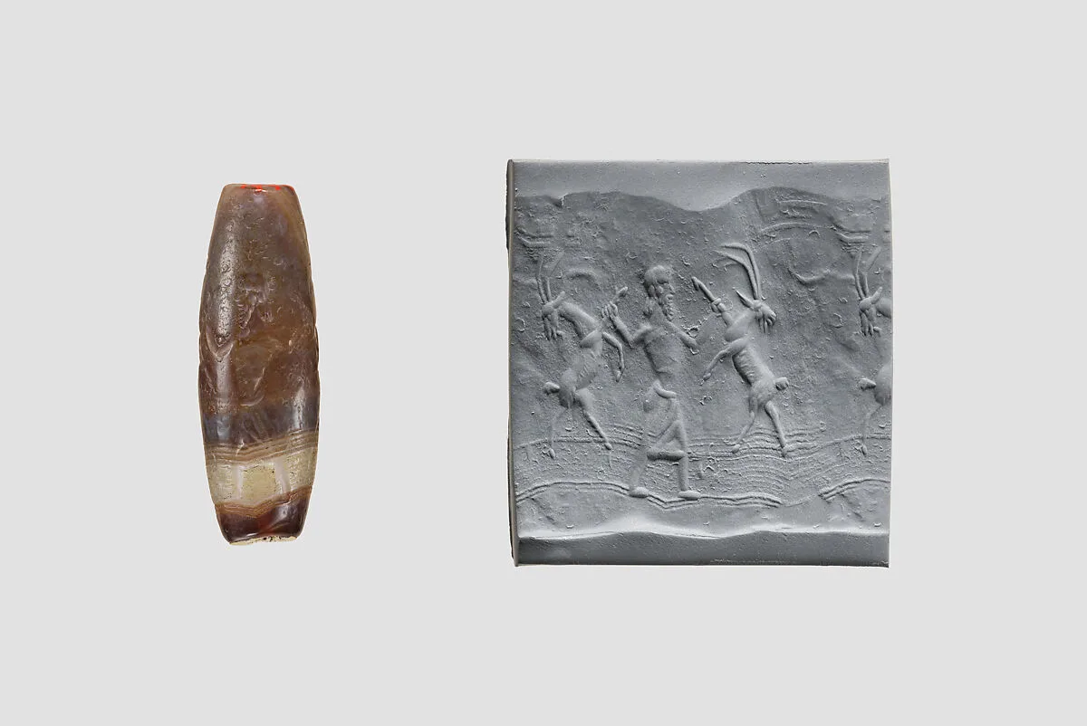 Cylinder seal with three-figure contest scene — Unknown