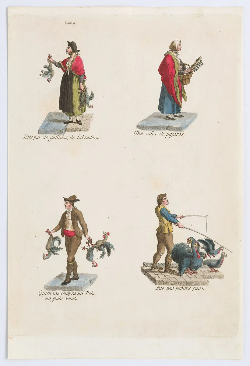 Plate 9: four street vendors from Madrid selling different kinds of birds (chicken, turkey, etc), from "Los Gritos de Madrid" (The Cries of Madrid) — Miguel Gamborino|Imprenta Real, Madrid