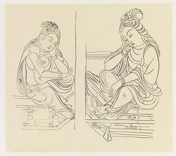 現代 謝稚柳 敦煌寫生雜畫 鏡片|Pensive bodhisattvas — Xie Zhiliu