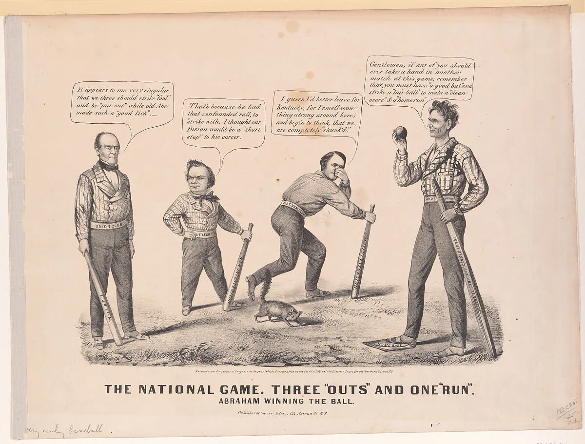 The National Game. Three "Outs" and One "Run" – Abraham Winning the Ball — John Bell|Currier & Ives|Stephen Arnold Douglas|Abraham Lincoln|John C. Breckinridge|Louis Maurer