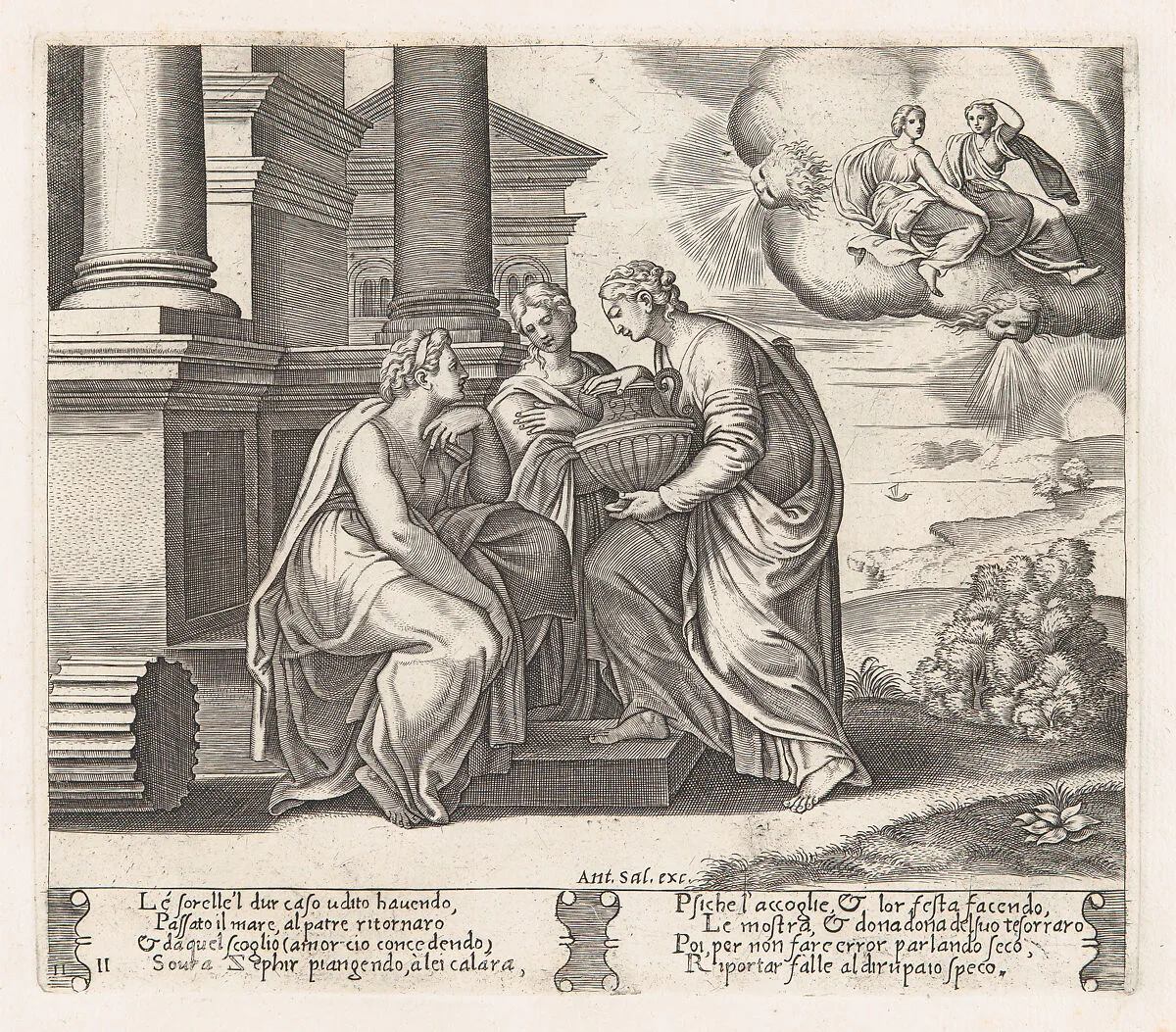 Plate 11: Psyche offering presents to her sisters who also appear on the clouds at upper right, from "The Story of Cupid and Psyche as told by Apuleius" — Antonio Salamanca|Master of the Die|Michiel Coxie (I)