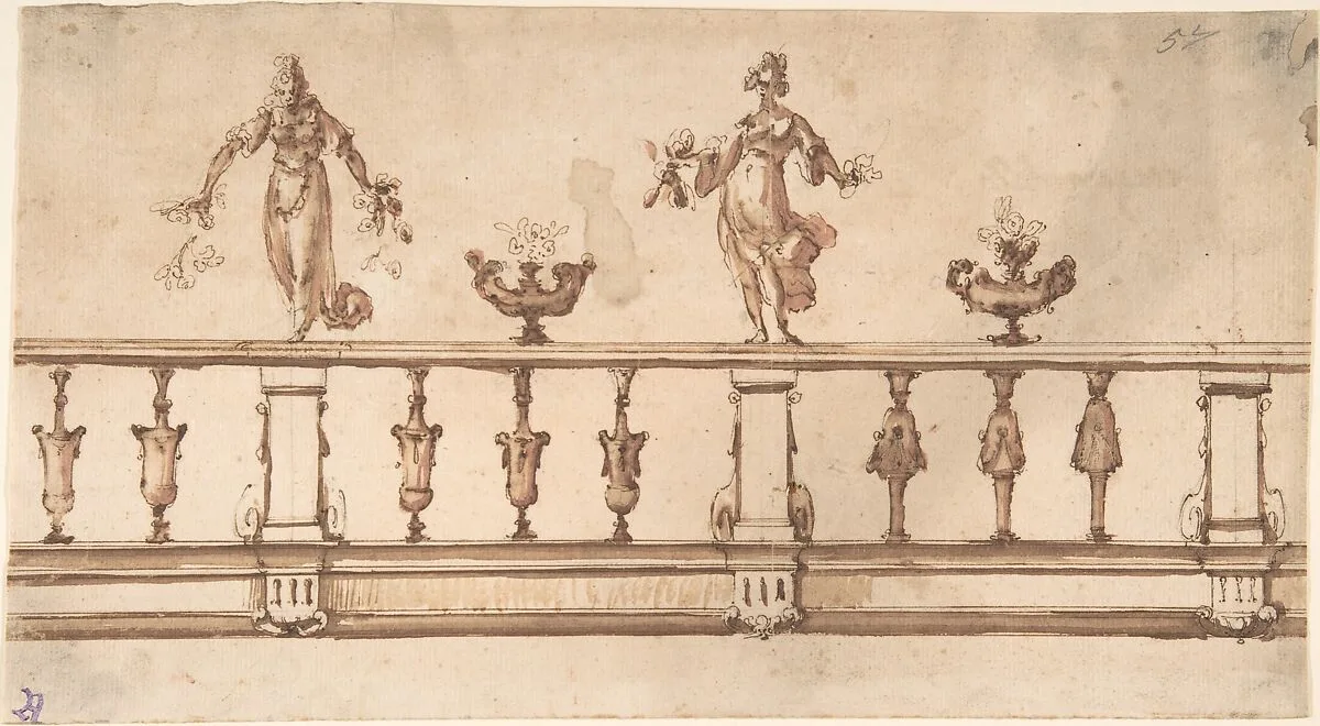 Design for a Balustrade with Female Figures and Urns — Giulio Parigi