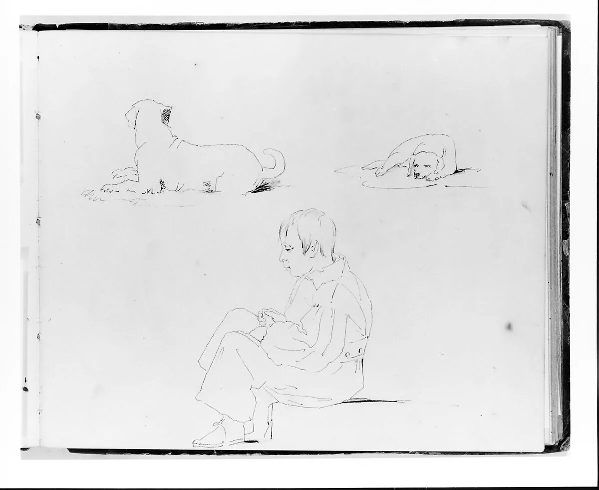 Two Dogs and a Boy Seated (from Sketchbook) — Francis William Edmonds