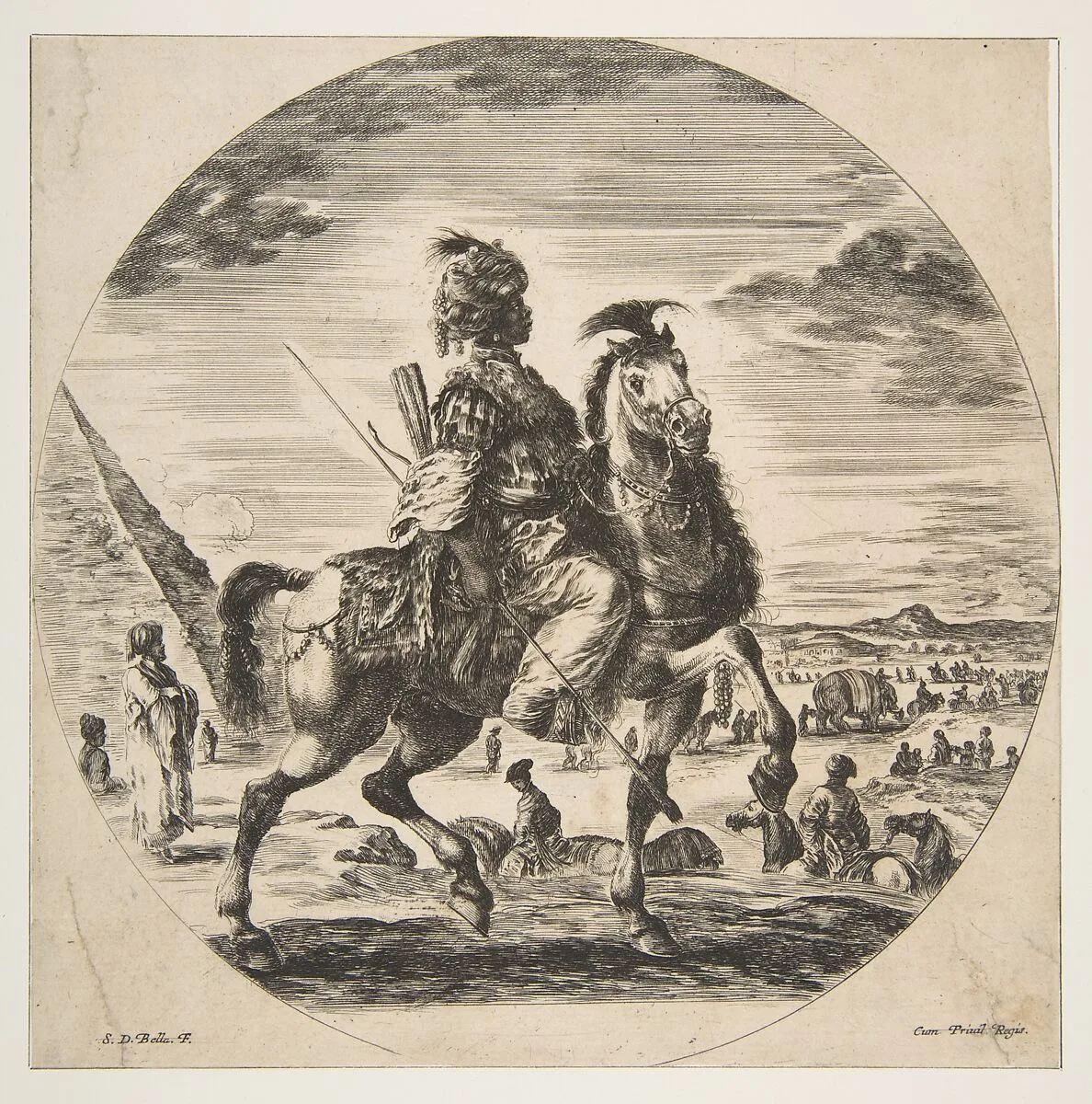 Moorish horseman in profile facing right, in the background a pyramid at left, many figures and an elephant, from 'Figures on Horseback' (Cavaliers nègres, polonais et hongrois) — Stefano della Bella