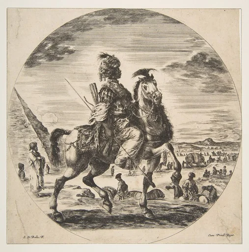 Moorish horseman in profile facing right, in the background a pyramid at left, many figures and an elephant, from 'Figures on Horseback' (Cavaliers nègres, polonais et hongrois)