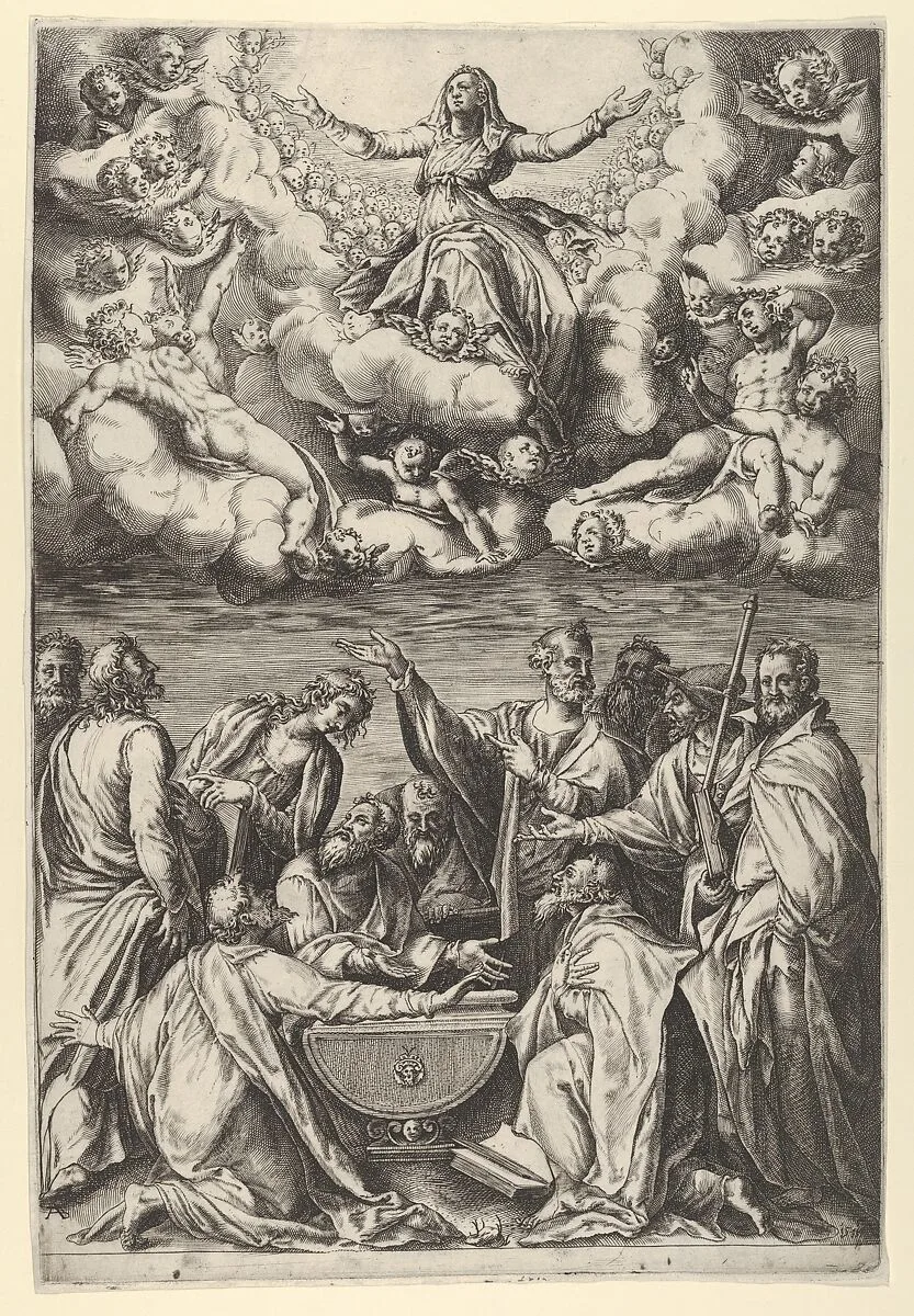 The Assumption of the Virgin with the Virgin surrounded by cherubs and with the Apostles Below — Cherubino Alberti (Zaccaria Mattia)
