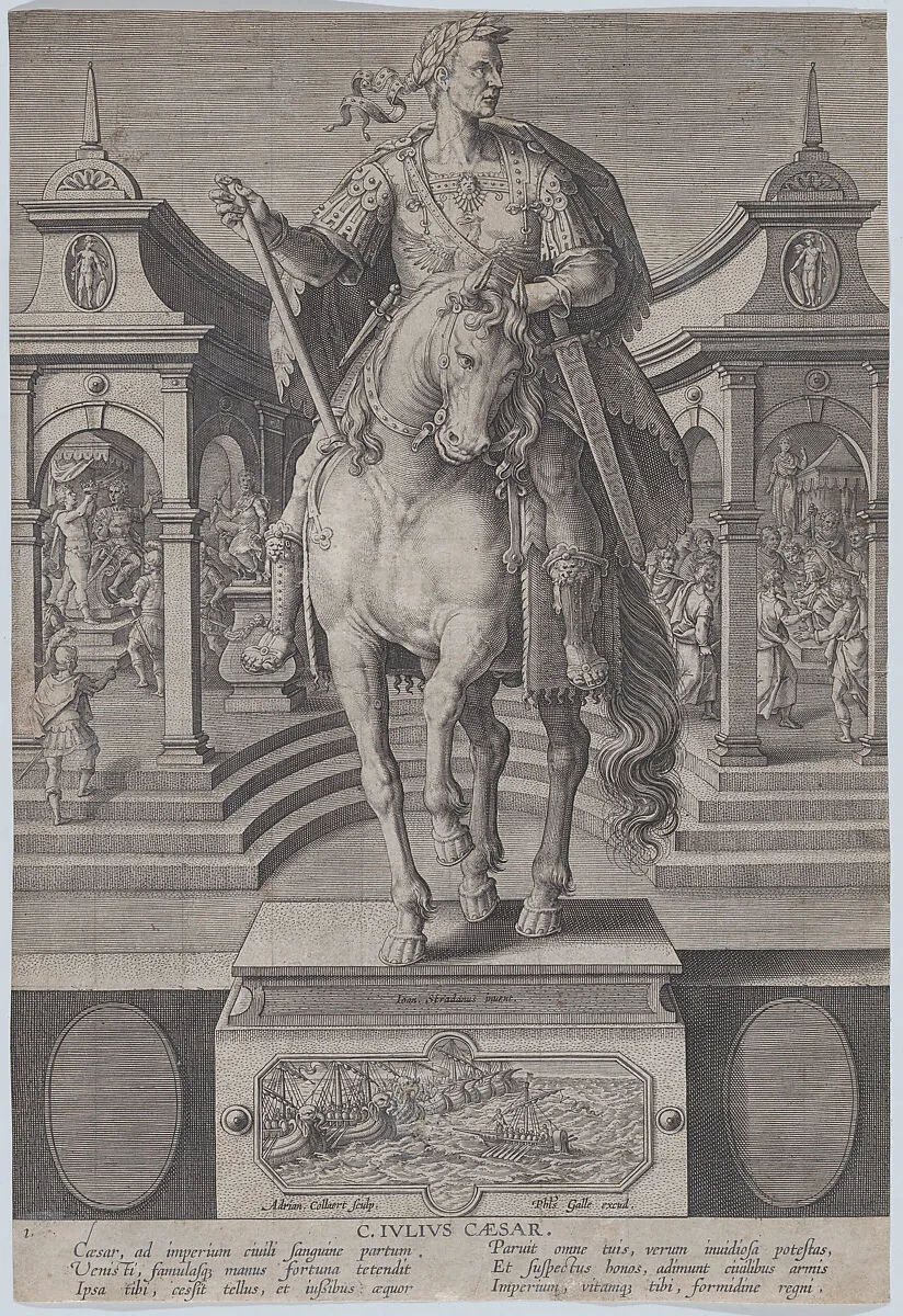 Plate 1: equestrian statue of Julius Caesar, seen from the front, with a scene of a naval battle on pedestal below, from 'Roman Emperors on Horseback' — Adriaen Collaert|Jan van der Straet, called Stradanus|Philips Galle