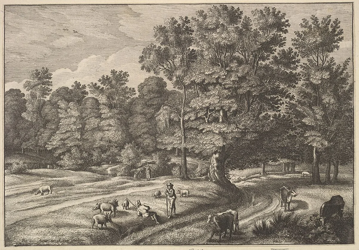 Pigherder and Cowherd Conversing in a Clearing — Wenceslaus Hollar|Pieter van Avont|Jacques d'Arthois