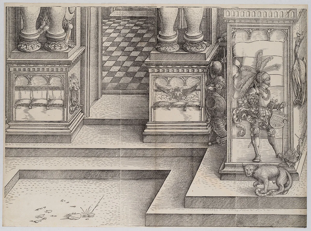 The Lower Portion of the Entryway to the Left Portal (Die Porten des Lobs); and the Outer Left Sockel of the Central Portal, from the Arch of Honor, proof, dated 1515, printed 1517-18 — Albrecht Dürer|Hans Springinklee|Hieronymus Andreae|Wolf Traut