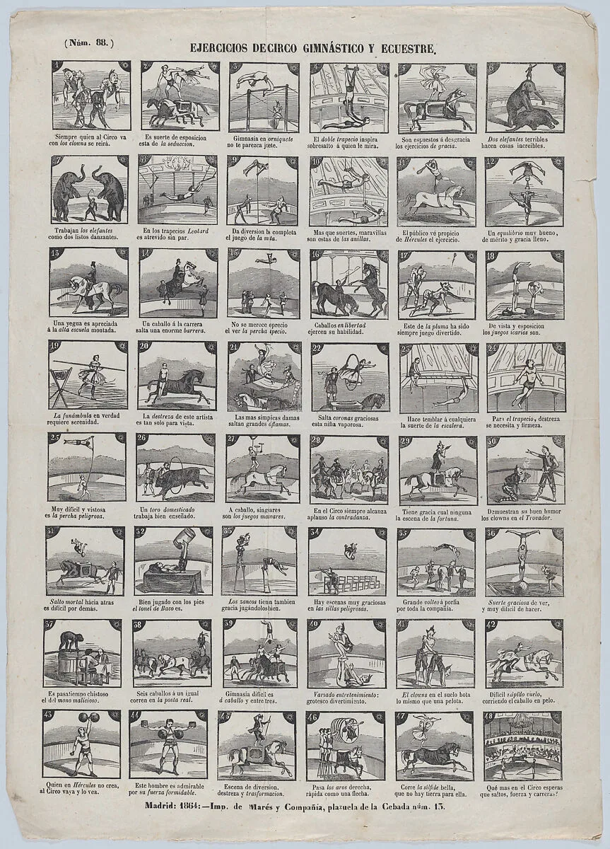 Broadside with 48 scenes depicting circus gymnastic and equestrian exercises — José María Marés