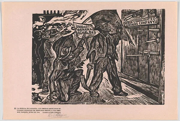 Plate 11: striking workers in June 1906 protesting for equal rights from their American employees, the mining company Green Consolidated, from the portfolio 'Estampas de la revolución Mexicana' (prints of the Mexican Revolution) — Pablo Esteban O'Higgins|Taller de Gráfica Popular