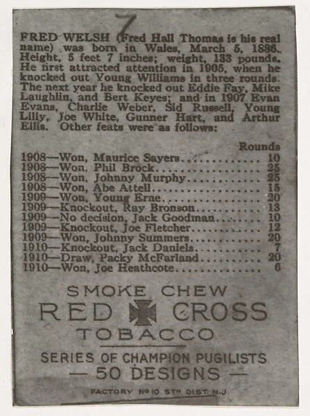 Facsimile of trade card verso for Fred Welsh, from the Champion Pugilists series (T219), issued by Mecca and Hassan Cigarettes — Hassan Cigarettes|Mecca Cigarettes
