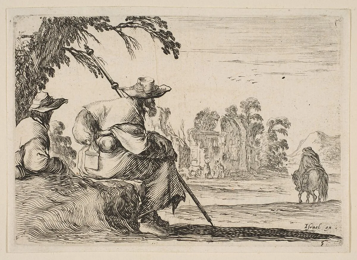 Plate 5: two pilgrims with hats rest to the left, seen from behind, a horseman rides towards the background to the right, from 'Various Figures' (Agréable diversité de figures) — Stefano della Bella|Israël Henriet