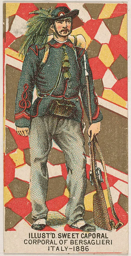 Corporal of Bersaglieri, Italy, 1886, from the Military Series (N224) issued by Kinney Tobacco Company to promote Sweet Caporal Cigarettes — Kinney Brothers Tobacco Company