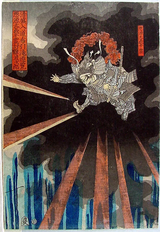 月岡芳年画 「清盛入道布引滝遊覧 悪源太義平霊討難波次郎」|The Spirit of Akugenta Yoshihira Strikes Nanba Jirō during Kiyomori’s Visit to Nunobiki Waterfall — Tsukioka Yoshitoshi