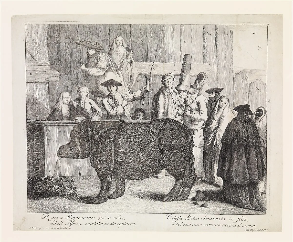 The Rhinoceros, Clara, in the foreground, her keeper holding her horn and a whip behind her at center with various other spectators in Carnival masks — Alessandro Longhi|Pietro Longhi (Pietro Falca)|Joseph Wagner