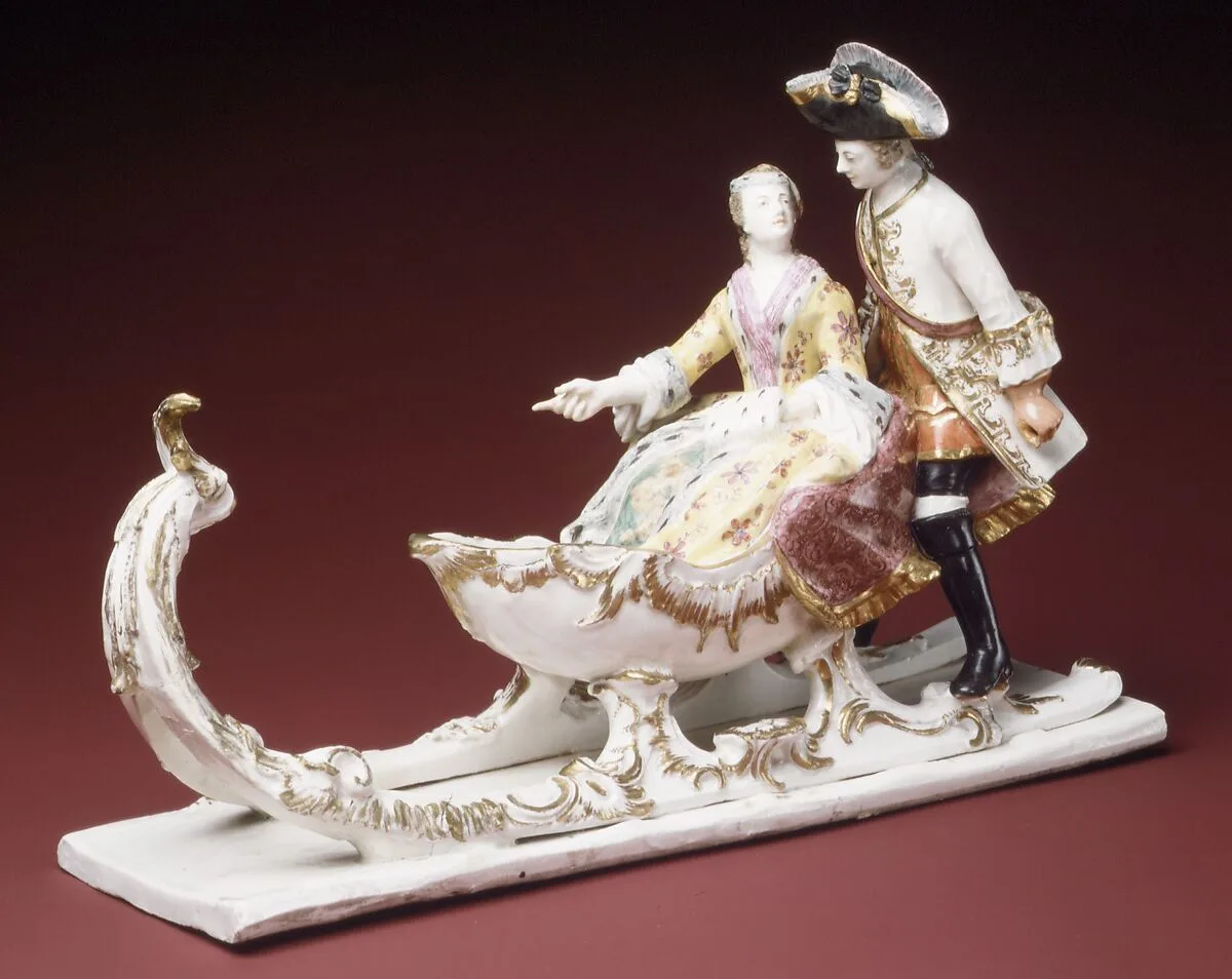 Man and woman with sleigh — Ansbach Pottery and Porcelain Manufactory