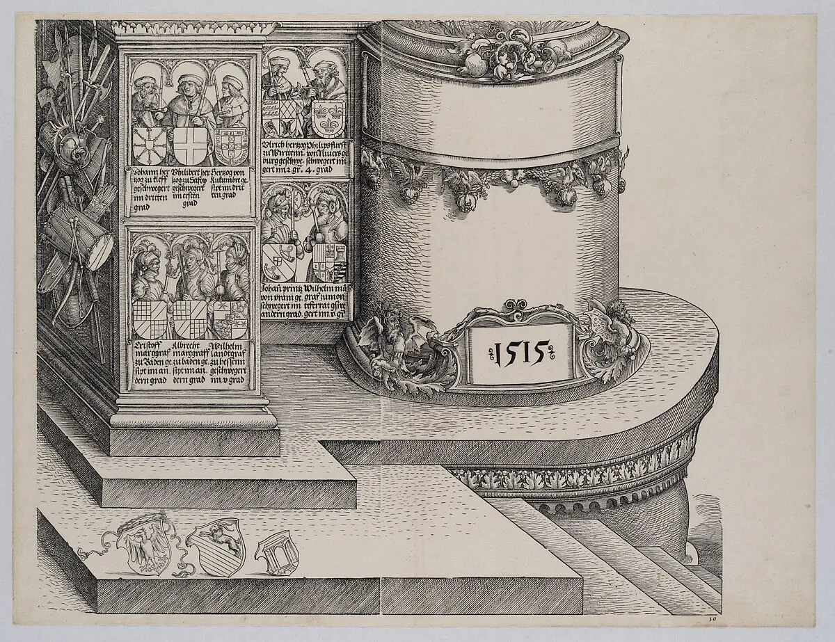 Portraits of Maximilian's Relatives; and The Base of the Right Outer Column with the Date 1515, from the Arch of Honor, proof, dated 1515, printed 1517-18 — Albrecht Altdorfer|Hans Springinklee|Hieronymus Andreae