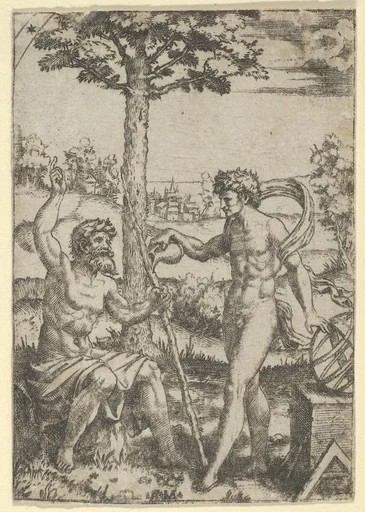 Seated old shepard gesturing towards the sky and speaking to nude male surrounded by tools of measurement