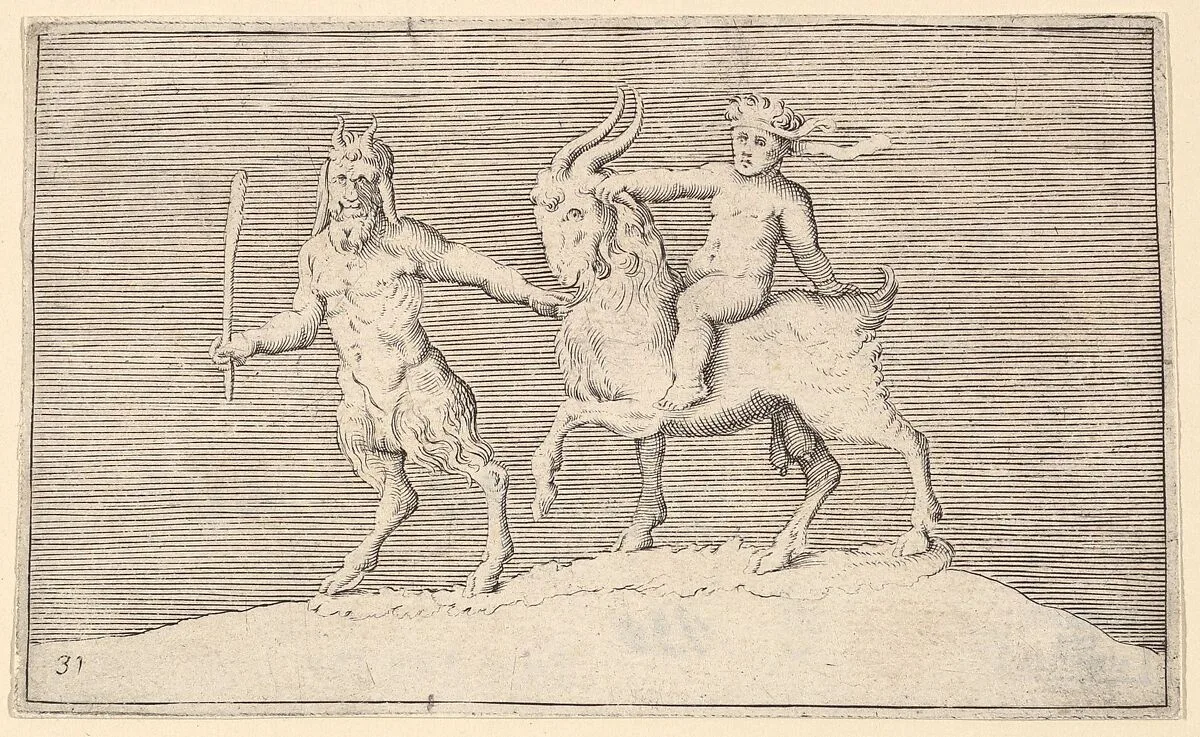 Satyr Leading Goat on which a Infant Rides, from "Ex Antiquis Cameorum et Gemmae Delineata" — Francesco Angeloni|Battista Franco|Philippe Thomassin|Enea Vico|Anonymous, Italian, 16th century