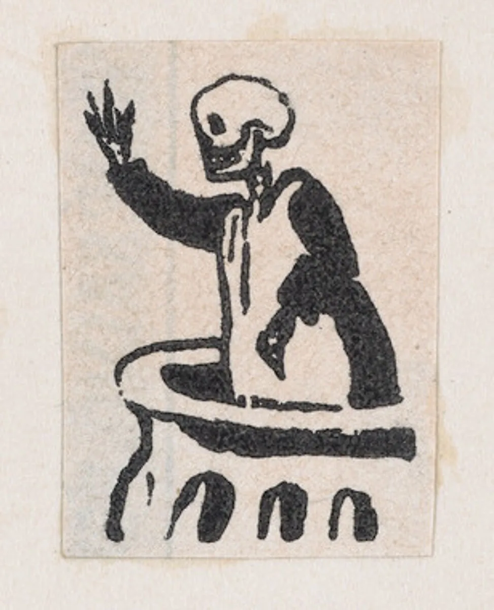 Skeleton standing in a pulpit, from a broaside entitled 'De este famoso hipodromo en la pista, no faltara ni un solo periodista', published by Antonio Vanegas Arroyo. — José Guadalupe Posada