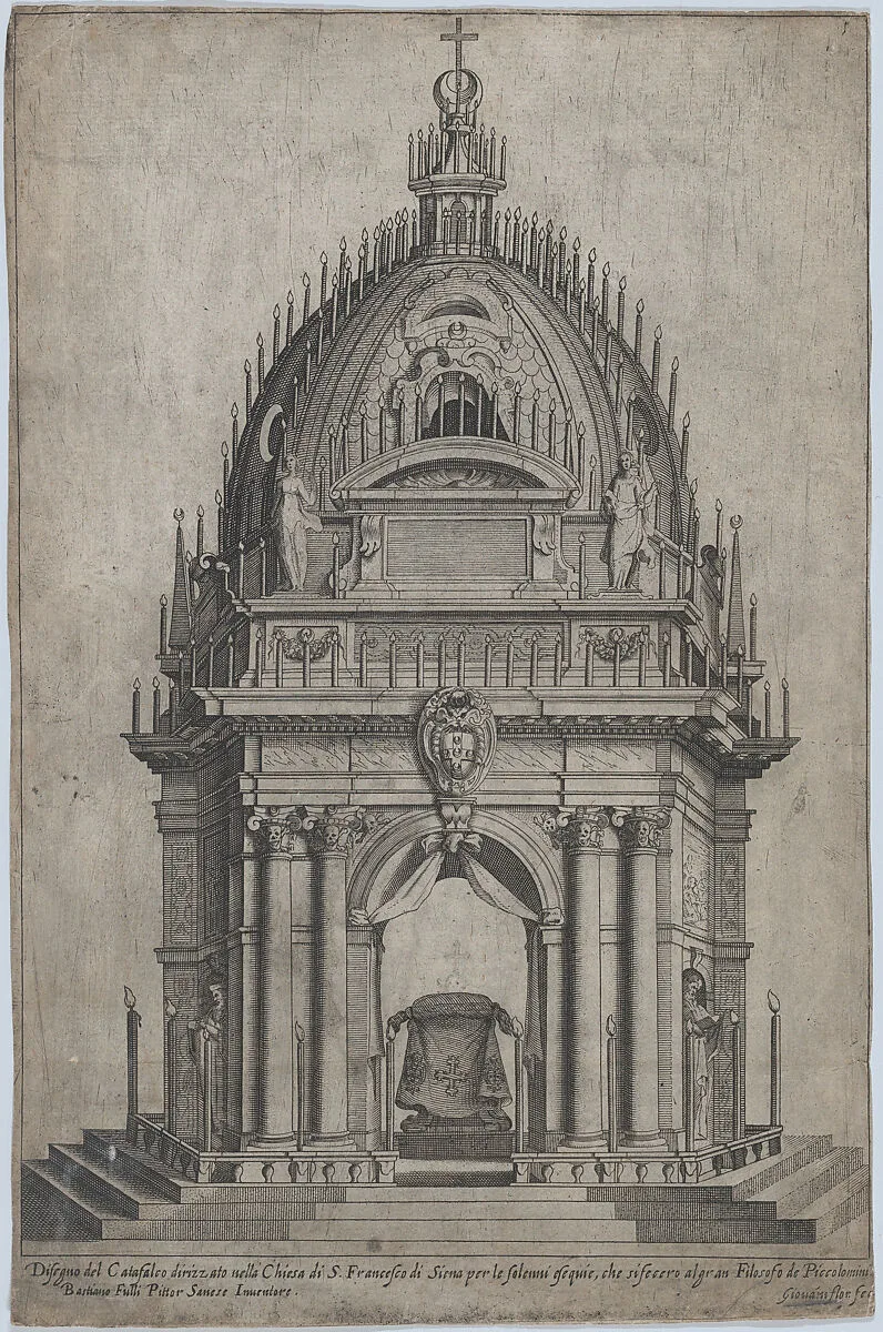 Design of the catafalque for Francesco Piccolomini; from 'Libro De Catafalchi, Tabernacoli, con varij designi di Porte fenestre et altri ornamenti di Architettura' — Giovanni Florimi|Sebastiano Folli|Francesco Piccolomini