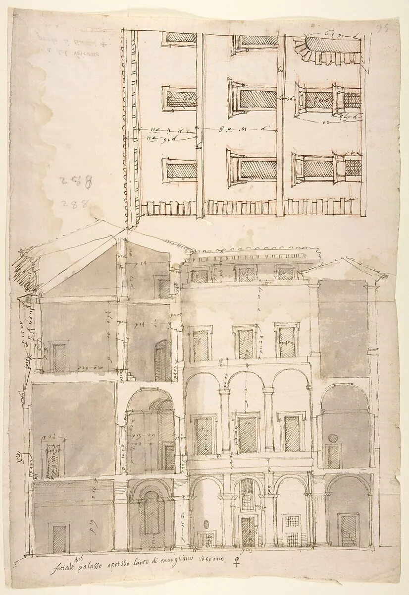 Unidentified Palace, section and half elevation (recto) blank (verso) — Anonymous, French, 16th century