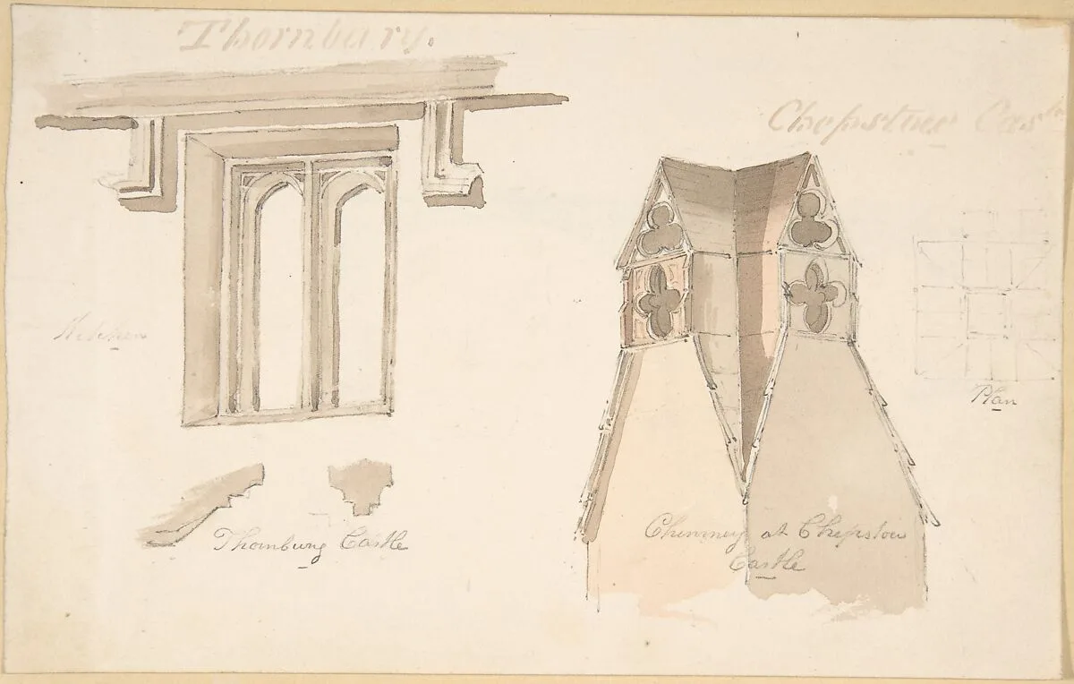 Window at Tewkesbury. Chimney, Chepstow Castle; Bridge at Chepstow (verso) — Anonymous, British, 19th century