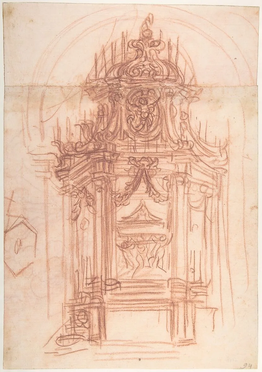 Design for a Catafalque (recto); Female Saint Kneeling on Clouds under an Arch, and a Design for the Pinnacle of the Catafalque (verso) — Baldassarre Franceschini (il Volterrano)