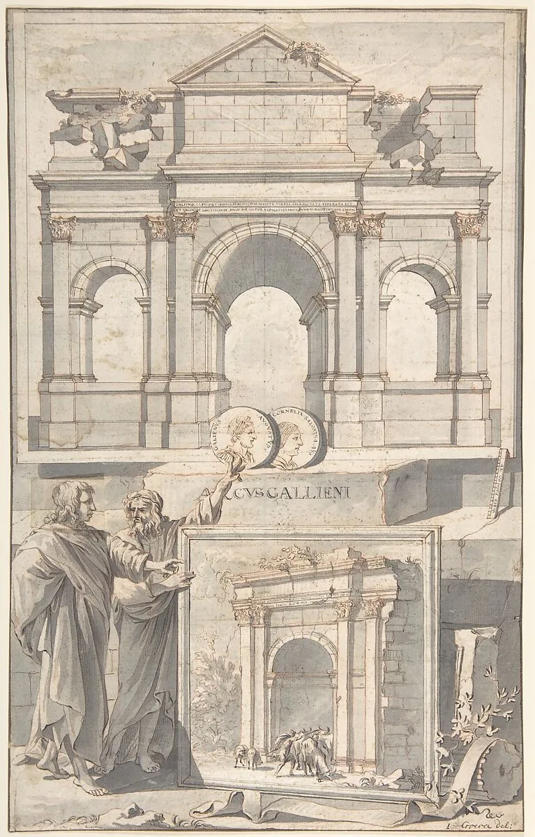 A Reconstruction of the Arch of Gallienus (above) and a View of the Ruins (below) — Jan Goeree